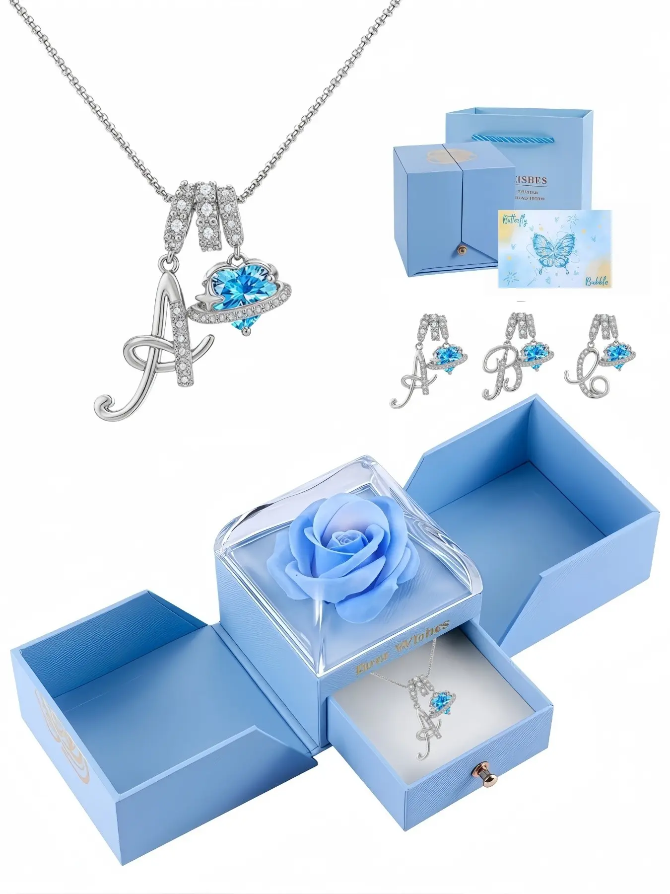 26 Letter Dopamine Women's CZ Birthstone Necklace with A-Z Initial Pendants. Paired with an exquisite double-door preserved rose jewelry gift box, suitable for various festivals, birthdays, Mother's Day and Valentine's Day.