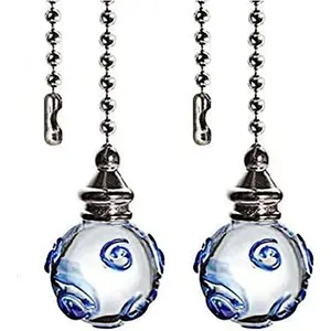 12 Inches Decorative Blue Pattern Transparent Glass Ceiling Fan Pull Chains for Ceiling Light Lamp Fan, Nickel 2 Pcs
