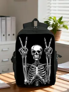 (2D Flat Printing) 1pc Skeleton Peace Sign Art Computer Backpack - Durable & Easy-Care, Hiking Business Bag, Spacious Storage, Suitable for Commuting, Shopping, Party, Fitness, Beach, Yoga, Unisex, Casual Printed Backpack