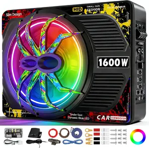 【fathersdaygift】TANVSO 1600W 10 Inch Underseat Car Subwoofer and Amp Package, Slim Powered Under Seat Sub with Built-in Class D Amplifier, RGB Beat-Synced Light, Low Pass Filter, Bass Boost for Truck SUV li fire