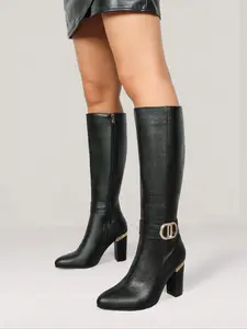Women's Metal Buckle Pointed Toe High Heel Long Boots, Vintage Fashion Chunky Sole Knee-High Booties for Fall & Winter