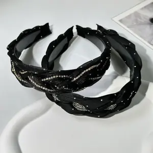Women's Black Braided Wide-Edge Diamond-Look Headband, Rhinestone Embellished Shining Strass Hair Accessory for Daily Commuting, Dating Styling (1Pc), Diamond-Look Headbands, Rhinestone Embellished Headbands