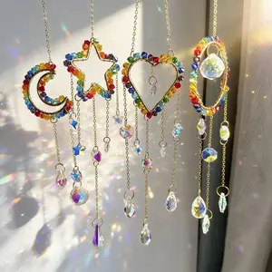 4-Piece Set Rainbow Star Moon Hanging Decorations, Sun Catcher Garden Ornament, Crystal Decoration for Wind Chime Gift, Mother's Day Home Decor