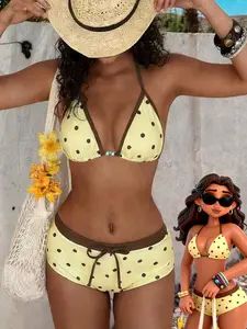 DAISY x Women's Retro Yellow Polka Dot Print Contrast Color Bikini Swimwear Set, Suitable For Outing/Birthday/Casual/Y2K/2000s/Millennium/Elegant/Vintage/Streetwear/Vacation/Beach Outfit Summer