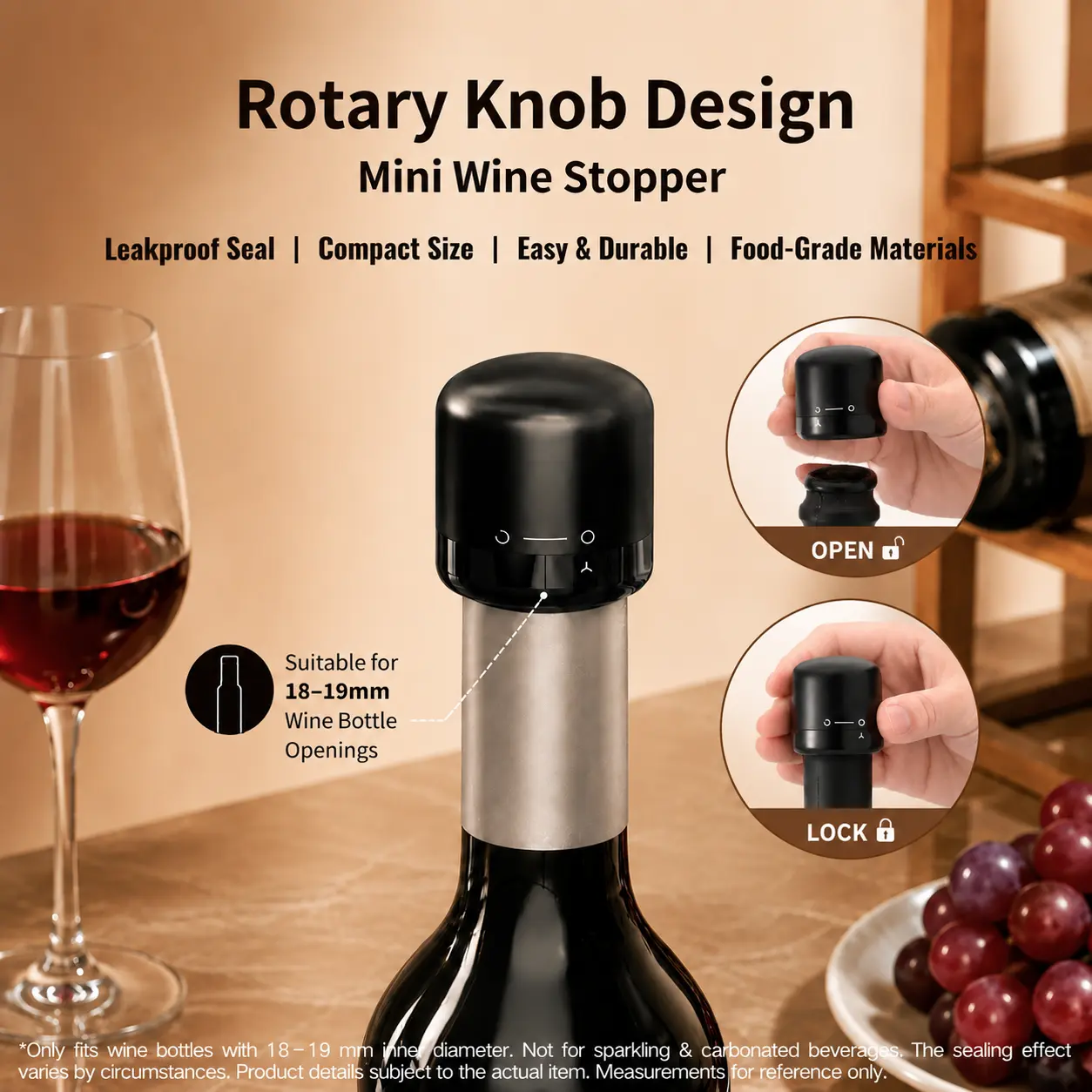 Mini Wine Stopper with Rotary Lock Design, Food-Grade Silicone Seal, Reusable Wine Saver for 18–19mm Bottle Openings, Airtight Wine Bottle Stopper, Portable Cap for Home Bar & Kitchen