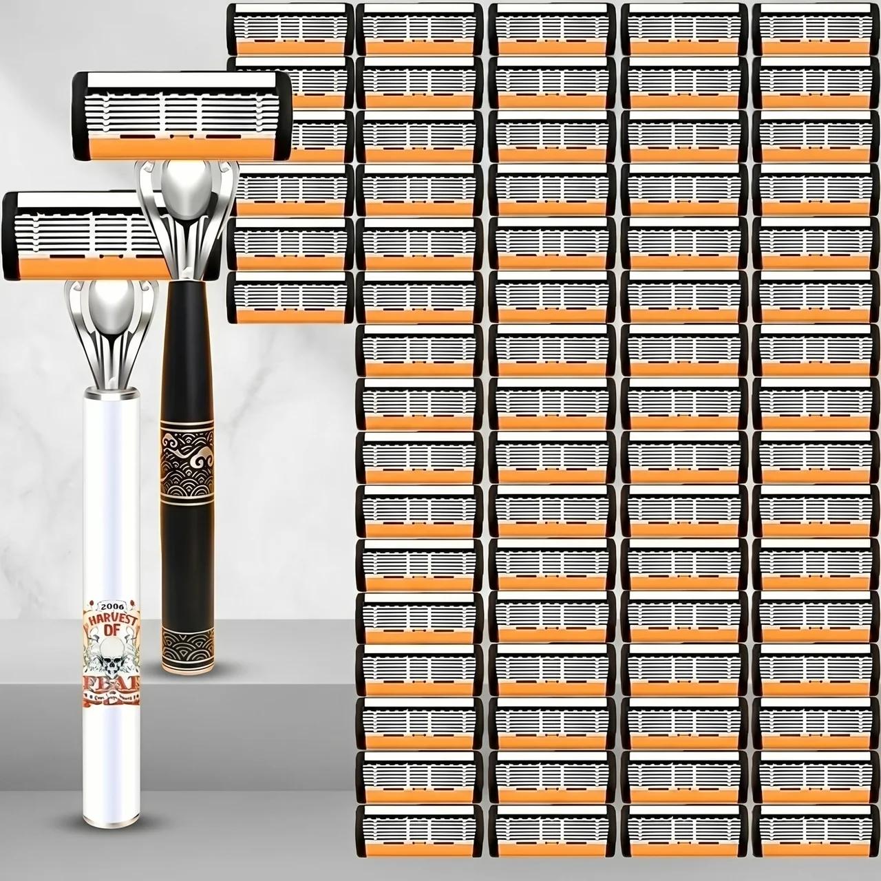 Men's Manual Shaving Razor Set with 2 Handles and 72 Replacement Blades Precision Stainless Steel Blades Smooth Shave Grooming Kit Gift for Men