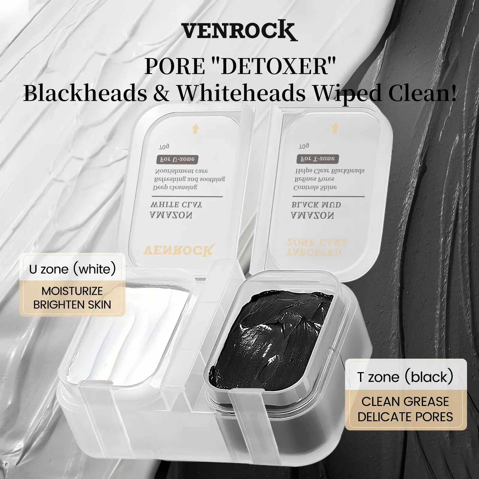 VENROCK Dual Zone Clay Mask, T Zone Black Mud for Oil Control, U Zone White Clay Hydrating Brightening Mask, Blackhead Pore Detox Mask
