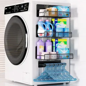 Magnetic Shelf for Washing Machine 4-Pack: Widen Magnetic Laundry Organizer (5"-6") with Hanger Organizer, Strong Magnet, Rust Proof, Heavy Duty Magnetic Spice Rack for Refrigerator (Black)