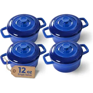 Mini Cocotte 12oz Ceramic Casserole Dishes - Kitchen Casserole Sets With Handles And Lid, Small Baking Ramekins, Oven Microwave & Dishwasher Safe, Set of 4, Blue