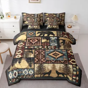 Rustic Bear 7 Pieces Bedding Set,Buffalo Plaid Checkered Comforter Set,Howling Wolf Wildlife Bed in A Bag with Flat and Fitted Sheet Country Tribal Aztec Southwest Quilt Set
