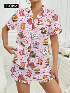 Christmas Women's Vintage 90s Print Shirt & Elastic Waist Shorts Set, Comfortable Short Sleeve Top, All-Season Casual Home Wear, Loungewear