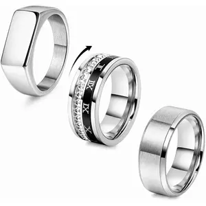 3PCS 18K Gold Stainless Steel Band Rings for Men Cool Fidget Spinner Silver Signet Rings Roman Numeral Cubic Zirconia Ring Set Anxiety Relief Fashion Engagement Wedding Rings Size 7-13