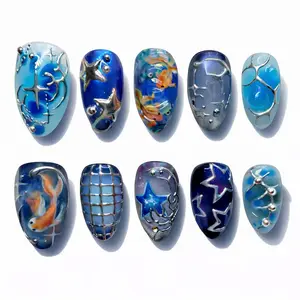 Handmade Blue Ocean Press On Nails, Koi Fish Star, 3D Gel, Luxury