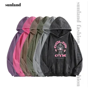 Sunland Women's GYM Print Acid Wash Hoodie Essential For Fitness Enthusiasts Vintage 2025 Sweatshirt Oversized Loose Fit Winter Warm Streetwear Casual Tunic tshirt