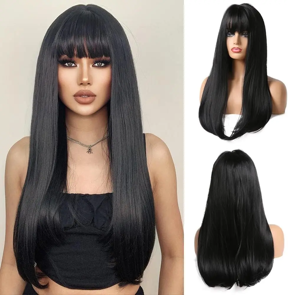 Long Straight Layered Wig with Bangs for Women 26 inch Put on Go Realistic Synthetic Fiber Heat Resistant Natural Wig Longhair  for Girls Party Cosplay and Daily Use