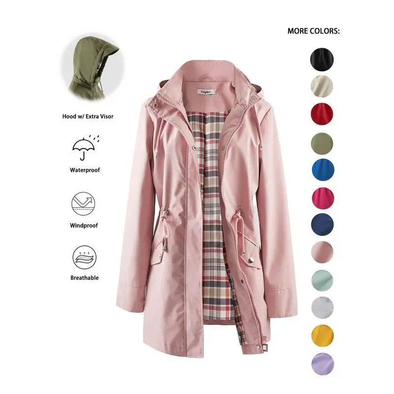 Women's Solid Color Drawstring Zip Up Hooded Trench Coat, Casual Breathable Long Sleeve Waterproof Windproof Outerwear for Spring & Fall, Ladies Clothes for Daily Wear