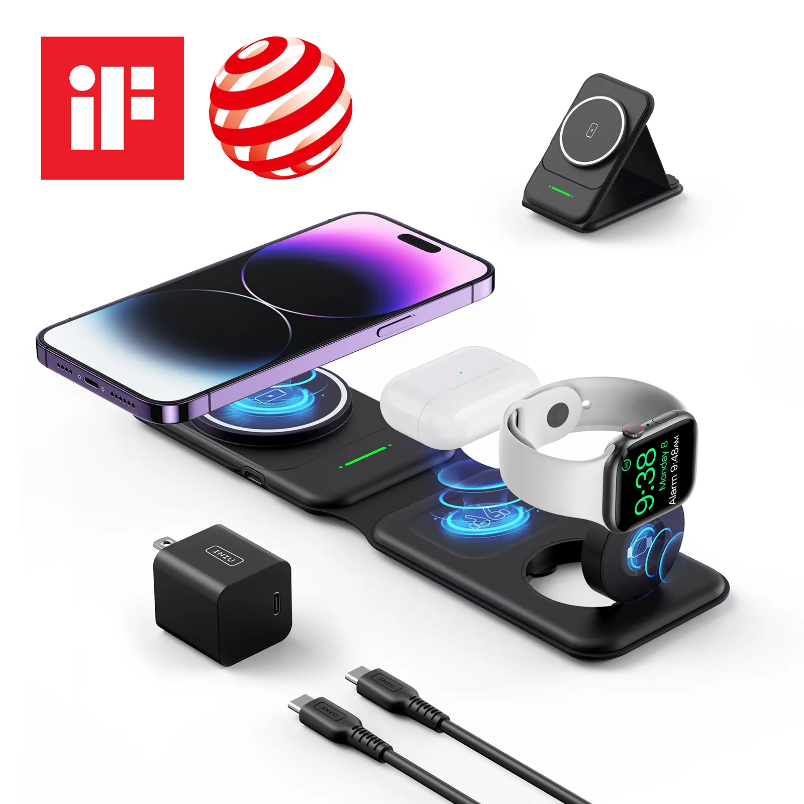 INIU 3-in-1 Magnetic Foldable Wireless Charger Stand with Adapter, Mobile Chargers for Multi-Device Use (iPhone 17-12 Series Pro/Max/Mini, Smart Watch, Wireless Earbuds) Including Lifetime Support, Multi-Device Wireless Chargers