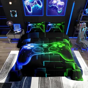 Gamer Comforter Set,Gaming Bedding,Video Games Gamepad Bedding Comforter Sets,Neon Glowing Square Geometric Grid Blue Green Bedroom Decor Duvet Insert