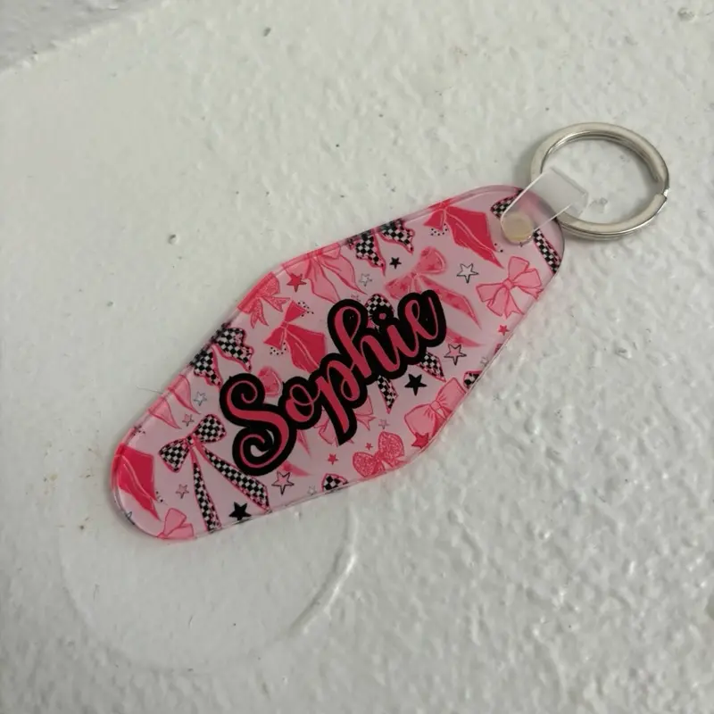Customized Gifts Pink Bow Design Acrylic Motel Keychain, Personalized with Name Sophie, Fashion Costume Jewelry Accessory