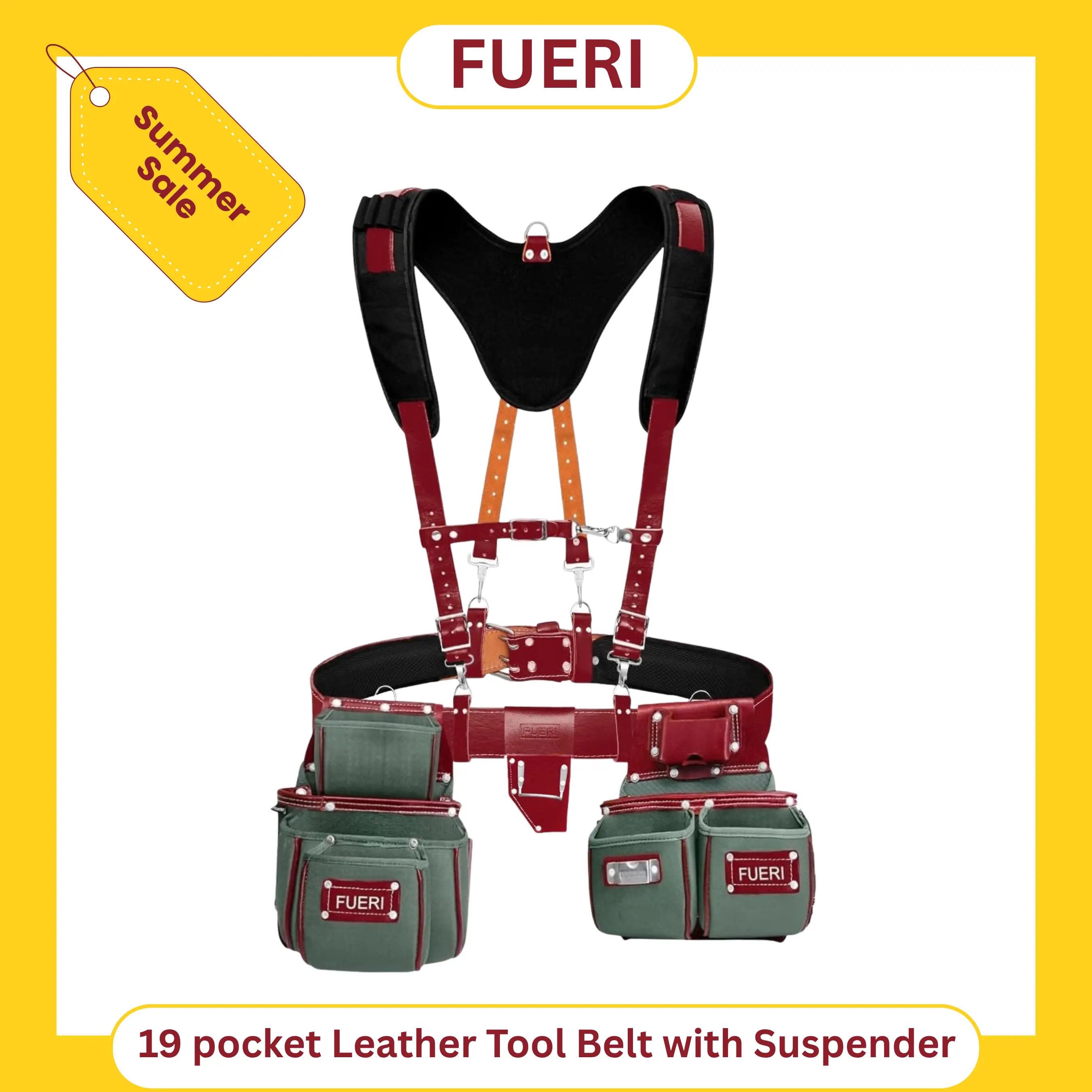 FUERI Nylon & Leather Utility Belt with Suspender, 19-Pocket Industrial Gear with Adjustable Foam-Padded Waistband, Belt Pouch Bags, 4 D-Loops, Hammer Holder for Carpenters (Construction Gear, Carpentry Tools, Heavy-Duty Bags)