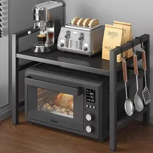 Adjustable Width & Height Microwave Stand, 2-Tier Expandable Kitchen Countertop Organizer with Hooks for Oven, Toaster, Spice Rack