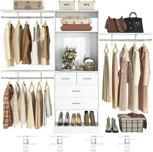 8FT Closet System with 4 Drawers, 96" Wood Closet Organizer with Mirror and Hanging Rods, Sturdy Walk in Wardrobe Closet Insert with Tower, 96" W x 16" D x 80" H (Can Be Cut To Fit)