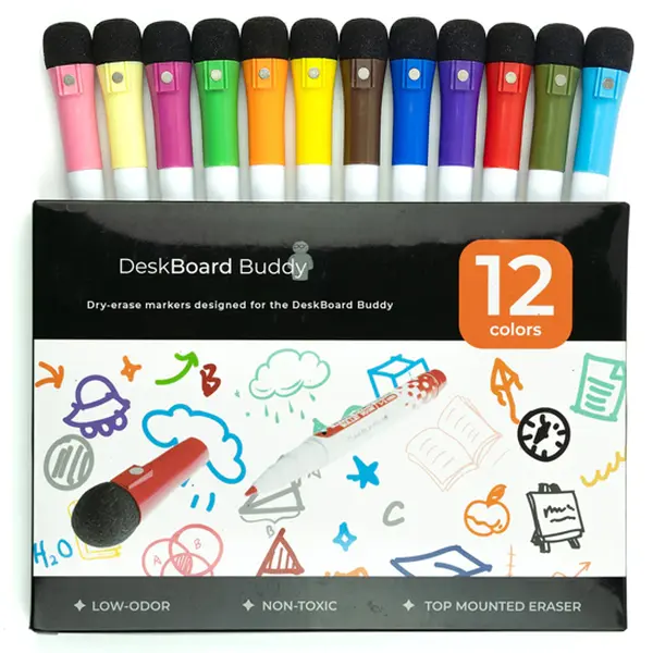 Dry Erase Markers with Mini Erasers, 12-Pack Assorted Fine-Tip Markers for White or Black DeskBoard Buddy (Office Writing & Correction Supplies), Assorted Pack