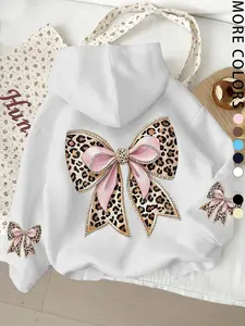 Leopard Print Bow Tie Hoodie, Comfortable Plus Size Women's Sweatshirt, Loose-Fitting Long Sleeve, Ideal for Travel and Daily Wear