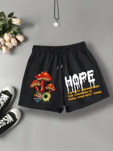 Women's Mushroom & Letter Print Slogan Shorts, Casual Comfy Breathable Shorts for Daily Wear, Ladies Bottoms for Summer