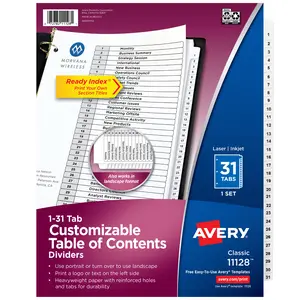 Avery 1-31 Dividers for 3 Ring Binders, 31 Tabs per Set, Customizable Table of Contents, Classic White Tabs (11128)