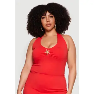 Plus Size Metallic Starfish Detail Tie Back Halter Top
