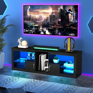 TV Stand with LED Lights for 55/60/65/70 Inch TV, 63" Entertainment Center for PS5, Modern TV Console with Glass Shelves and Storage Cabinet, for Living Room, Bedroom, Black