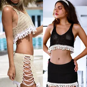 Women's 2-Piece Crochet Beach Outfit, Sleeveless Short Fringe Trim Crop Top, Lace-Up Mini Skirt for Lady Boho Clothes