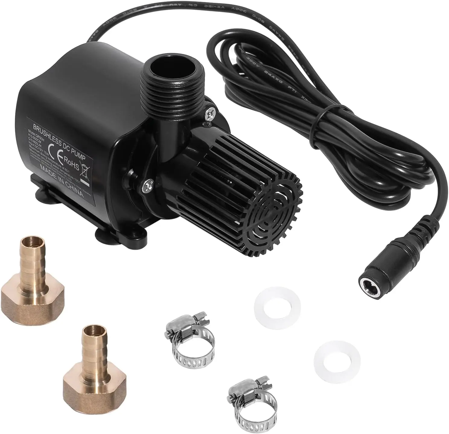12V Pump, Flow 210 GPH for Aquarium/Fountain/Hydroponics, Quiet DC Pump with Brass Nozzles, 14.8ft Max Lift, 5 (Black)