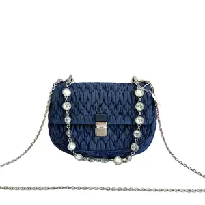 Pre-owned miu miu Denim Crossbody Bags Matelasse Crystal Chain Blue CPU0602