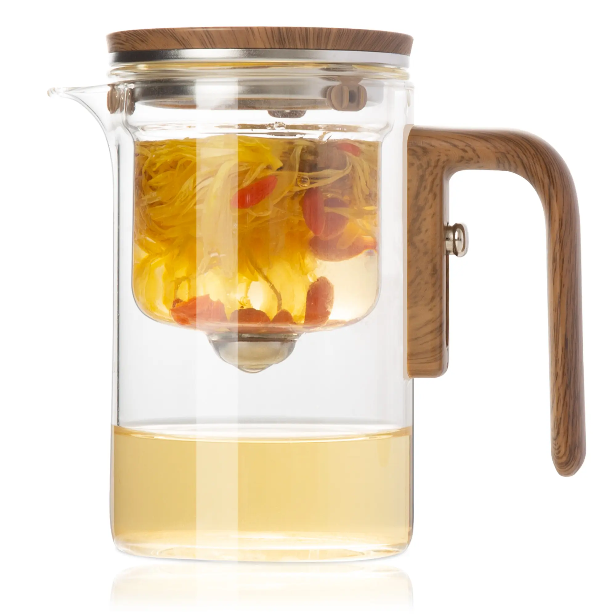 Enchanted Glass Teapot with Ergonomic Wooden Handle - Teapot with Strainer, Press Control Design, Glass Water Separation, Easy-to-Detach Kitchenware for Home Use, Ideal Adult Stocking Stuffer