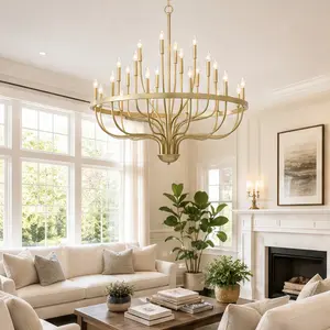 ARCH 24-Light Gold Chandelier Industrial Iron Candle Chandelier Modern Suspended Farmhouse Chandeliers Pendant Light Fixtures for Dining Room Bedroom Living Room Kitchen Island Foyer (No Bulb Included), Gold Color Options, Metal Material