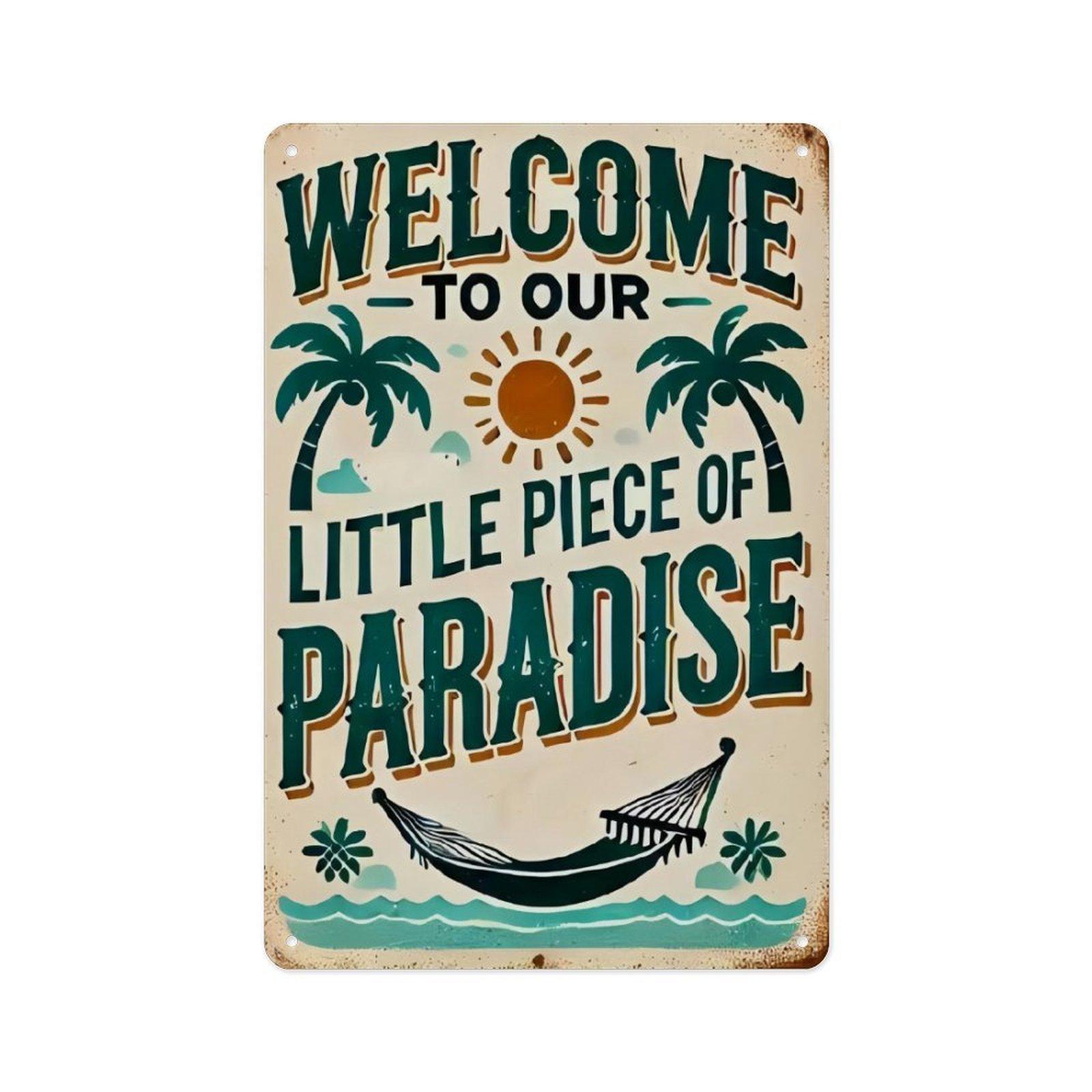 Welcome to Our Little Piece of Paradise Metal Sign, 8x12 Inch Vintage Tropical Beach Aluminum Tin Sign, Rustic Palm Tree Summer Welcome Wall Art Decor with Pre-drilled Holes for Beach House Pool Porch Patio Home Decor
