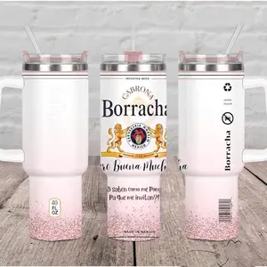 Borracha Cabrona Pink Glitter Tumbler 40oz, Funny Mexican Beer Mug With Handle, Pero Buena Muchacha Si Saben Como Me Pongo, Cute Drinking Gag Gift For Women Bestie Party, Stainless Steel Insulated Cup Straw