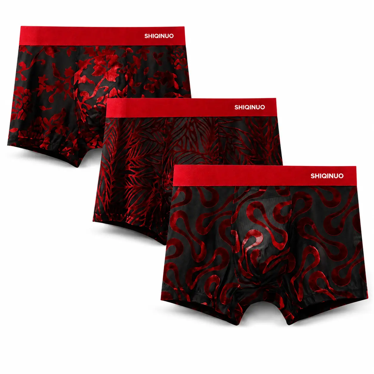 3-PACK SHIQINUO Men's Boxer Briefs, Breathable Mesh Underwear with Red Velvet Flocked Print, Cool-Feel Nylon Spandex Trunks, Soft Stretch Fit, Contoured Pouch, Wide Elastic Waistband, Short Leg Boxers for Daily Wear Gym Loung