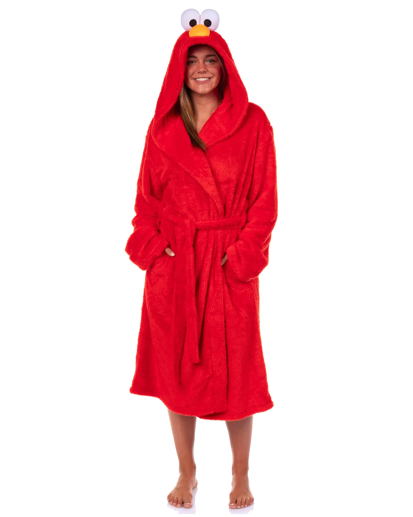 Sesame Street Robe Adult Elmo Faux Fur Plush Hooded Bathrobe, Loops, Tie Belt