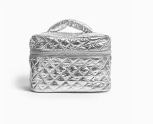 Silver Metallic Puffer Cosmetic Travel Case with Quilted Design and Zipper Closure for Easy Access 9x6x6.5 Inch Stylish and Durable