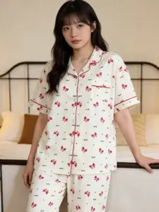 Women's Sweet Bowknot Ruffled Fabric Short Sleeve Long Pants Sleepwear Set, Casual Home Wear Pajama Suit for Ladies