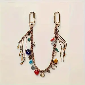 1 Freepeople Devil's Eye metal geometric heart-shaped pendant keychain - Bohemian style, with beads, accessories, and multi-color accents, durable Golden keychain, suitable for keys, bags, backpacks, Backpack Decoration, Bag Charm, Boho Chic, Handcrafted