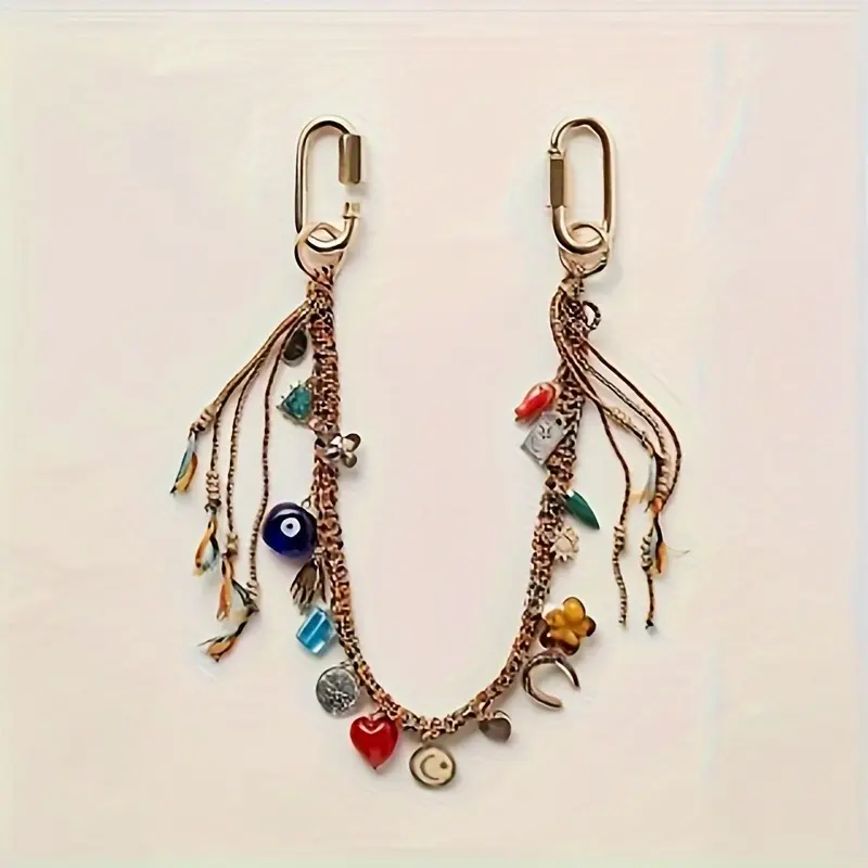 Free People Devil's Eye Metal Geometric Heart Pendant Keychain Jewelry - Boho Retro Style, Beaded, Multi-Color Accents, Durable Gold-Stainless Steel, Handmade, 70s Vibe, Unisex Bag Charm, Casual Wear Accessory, for Keys & Backpacks, Handmade Keychains, Be