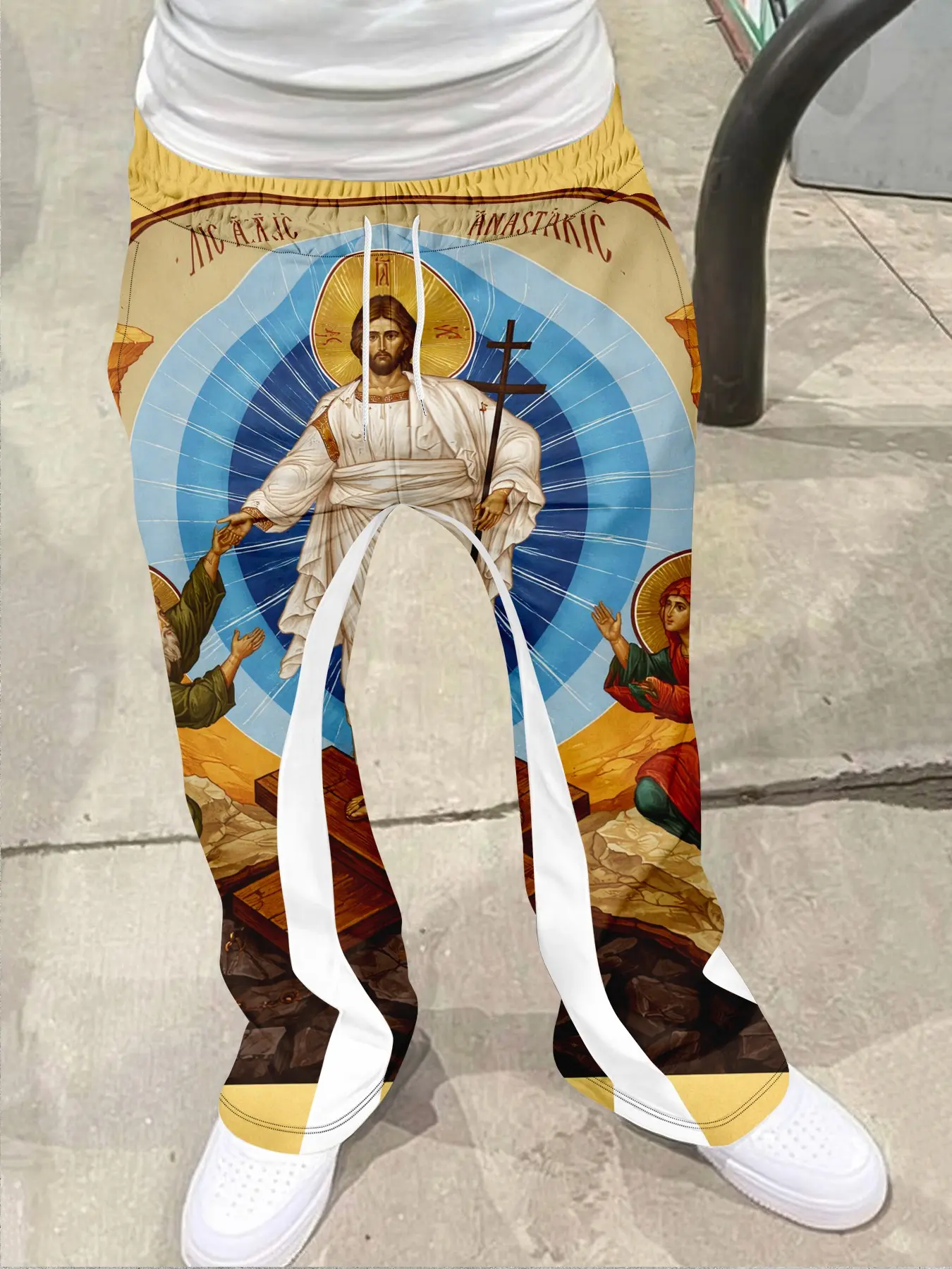 Men's street wear retro flared pants, Casual fit longline, with religious aesthetic attributes, a fusion of 'artistic style+street style', drawstring waistband+white stripes+tassel decoration on the hem, combining decorative and casual