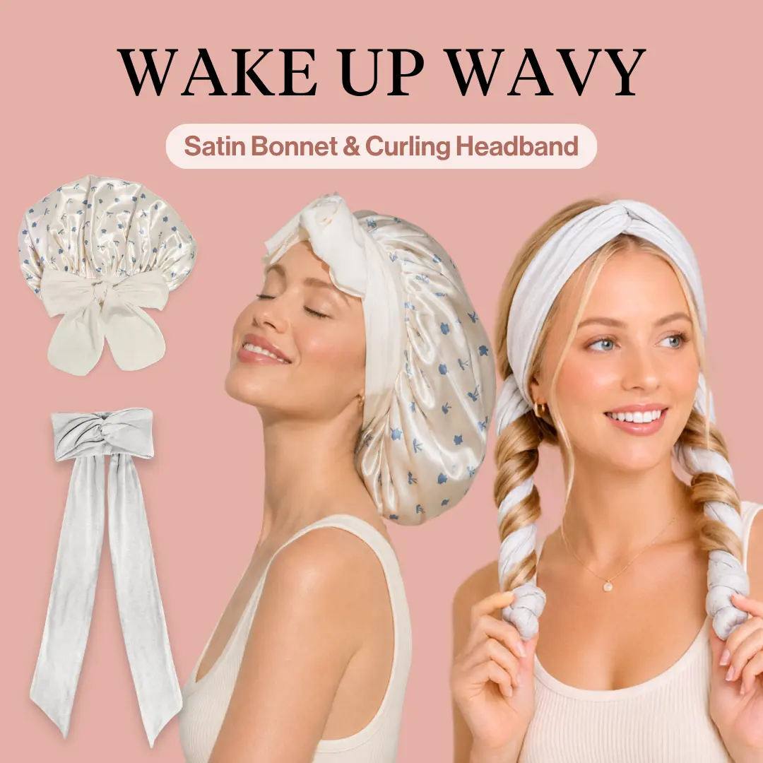 Kitsch Wake Up Wavy Hair Duo – Satin Bonnet & Curling Headband, Heatless Curling & Overnight Hair Care Set
