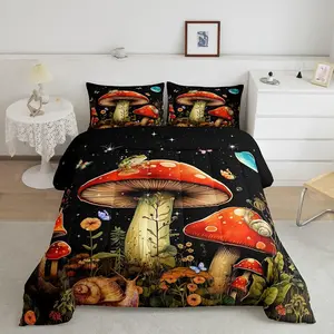 Feelyou Mushroom Theme Bedroom Bedding Set - Luxury Cartoon Mushroom Frog Comforter, Natural Wild Fungus Designer Piece, Decorative Butterfly Pattern Duvet
