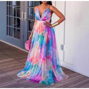 Fashion Rainbow Tie-Dye Multicolor Strap V-Neck Sheer Dress Casual Womenswear Summer Sleeveless Vneck Fitted Fabric Elegance Piece Outfit Love Overall