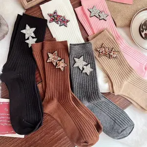 6 Pairs Spring Autumn Summer Fashion Personalized Water Diamond Star Decoration Design Sense Personalized Versatile Stacked Socks for Girl and Women
